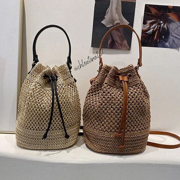 Women's Woven Straw Bucket Drawstring Tote Handbag, Light Brown or Beige - Picture 6 of 12